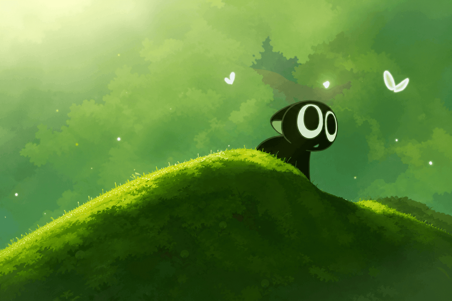 Mascot peeking over a grassy hill among butterflies